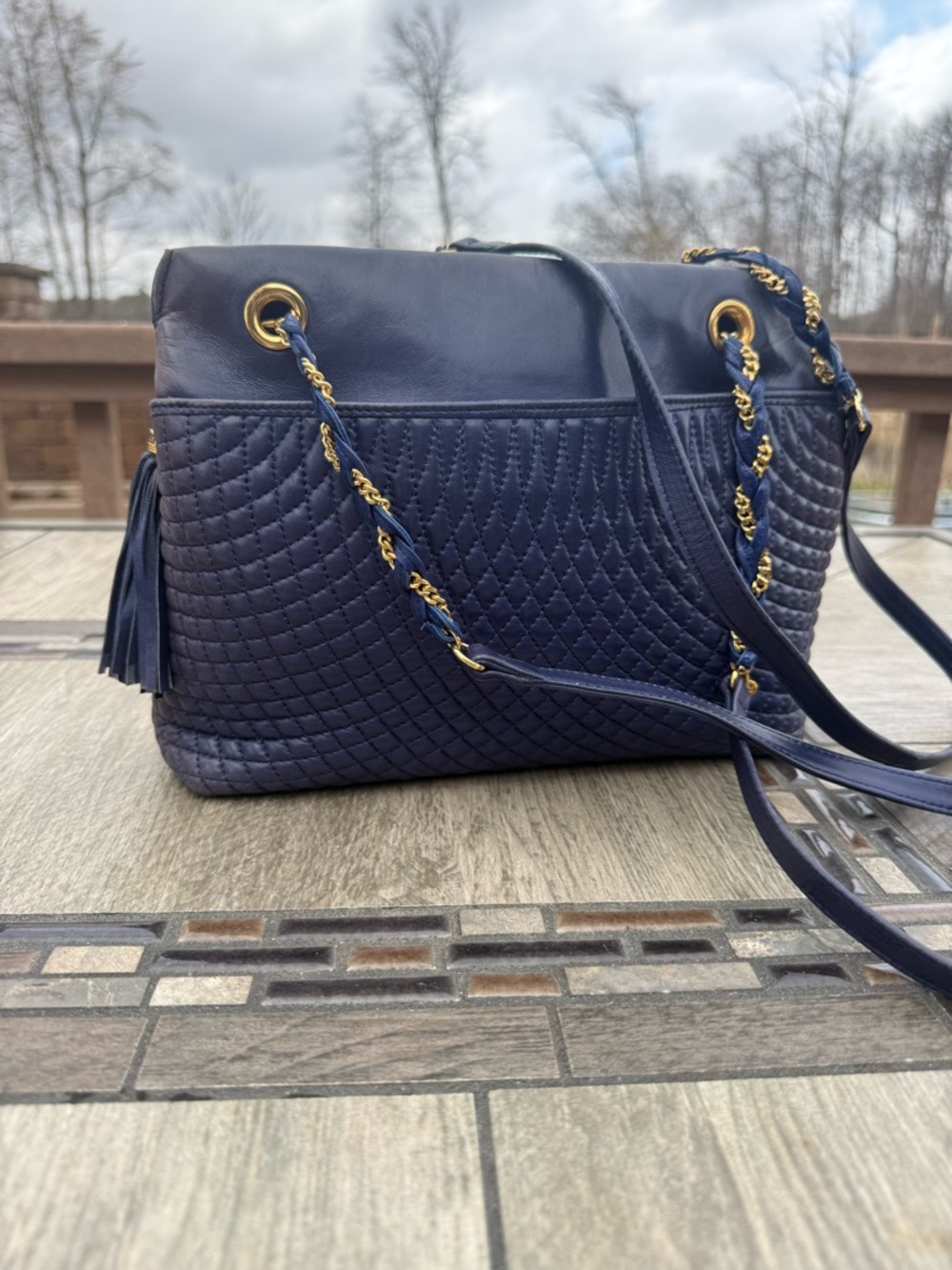 EUC Bally Vintage Soft quilted leather Navy Blue Gold Tassels shoulder Bag - Picture 7 of 15
